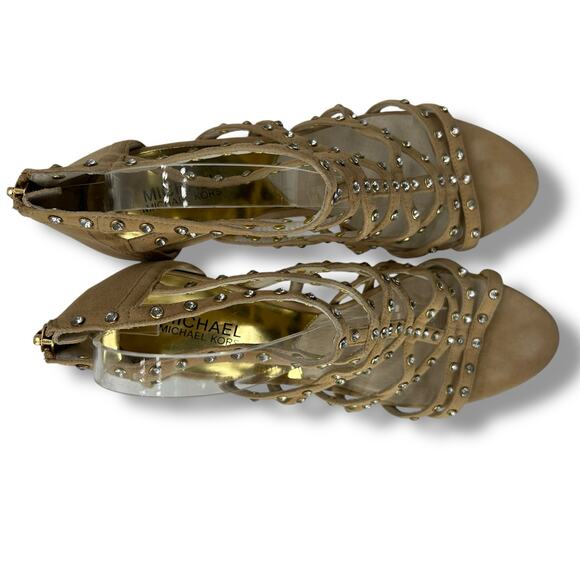 Michael Kors Strappy Heels Size 10 Tan Nude Studded Formal Fancy Open Sandals - Picture 6 of 10